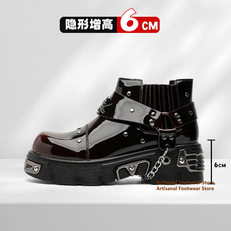 Men's Punk Platform Ankle Boots Glossy Gradient Patent Leather Skull Strap Boots Gothic Chunky Sole Metal Chain Rivet Boots