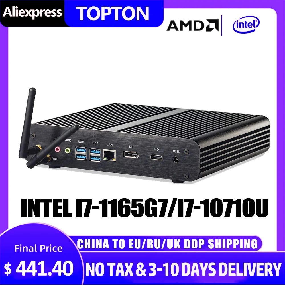 Topton Powerful Mini PC Fanless Industrial Computer i7 10710U 1165G7 Quad Core CPU 64GB RAM 2TB M.2 PCIe SSD Windows 11/10 Pro