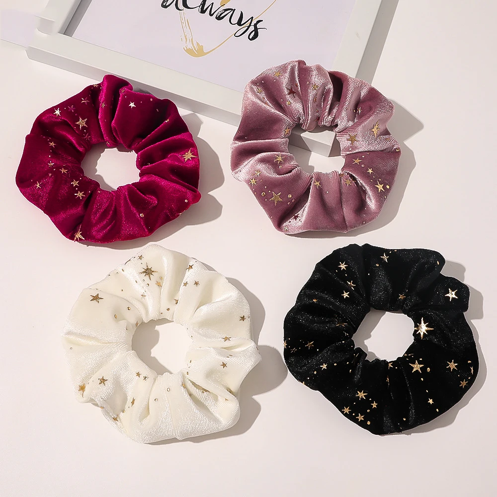 Women Girls Vintage Soft Velvet Scrunchy Star Gilding Print Hair Tie Simple Elastic Hair Rope Headband Elegant Hair Accessories