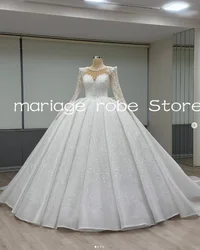 Sparkly Princess Ball Gown Wedding Dresses Long Sleeve Luxury Applique Pearls Lace-up Corset Bridal Gown Outfit Customsized