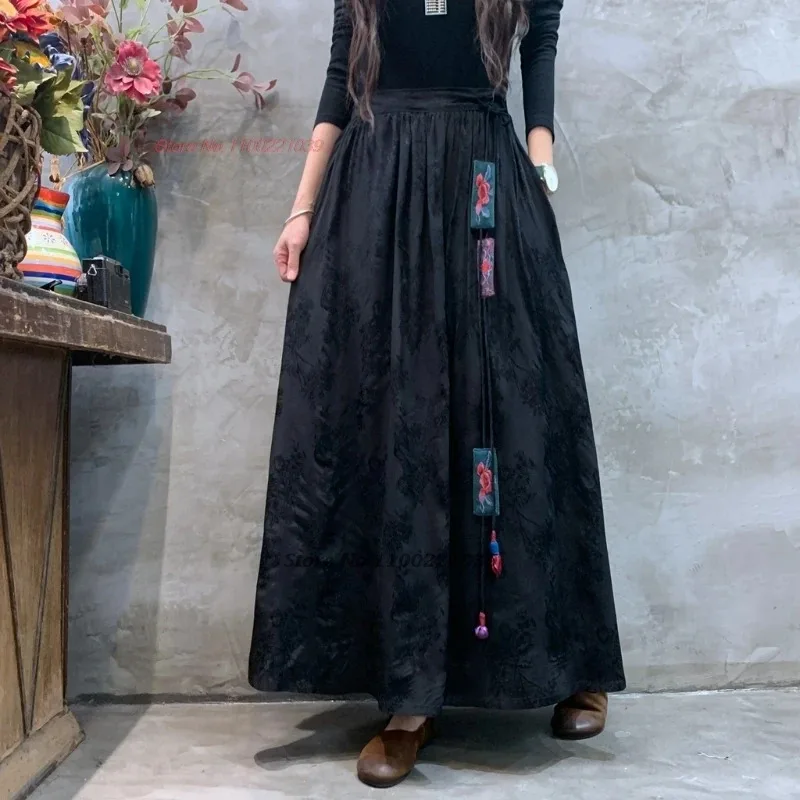 

2025 national flower embroidery satin jacquard double layers skirt vintage folk skirt traditional elastic waist a-line skirt