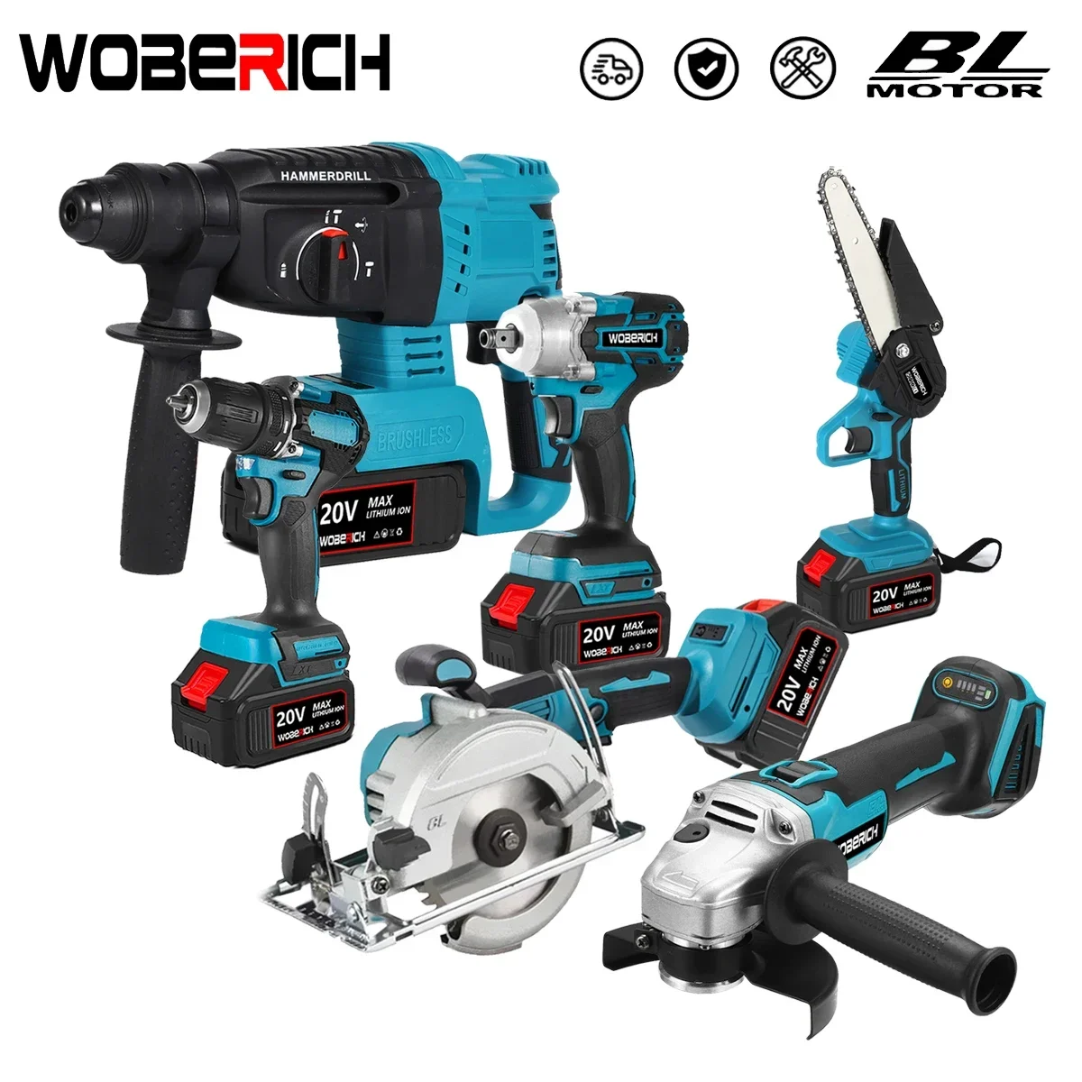 

Brushless Cordless Electric Impact Hammer Drill Angle Grinder Electric circular saw With 2x Battery Combo Kits Power Tools Sets