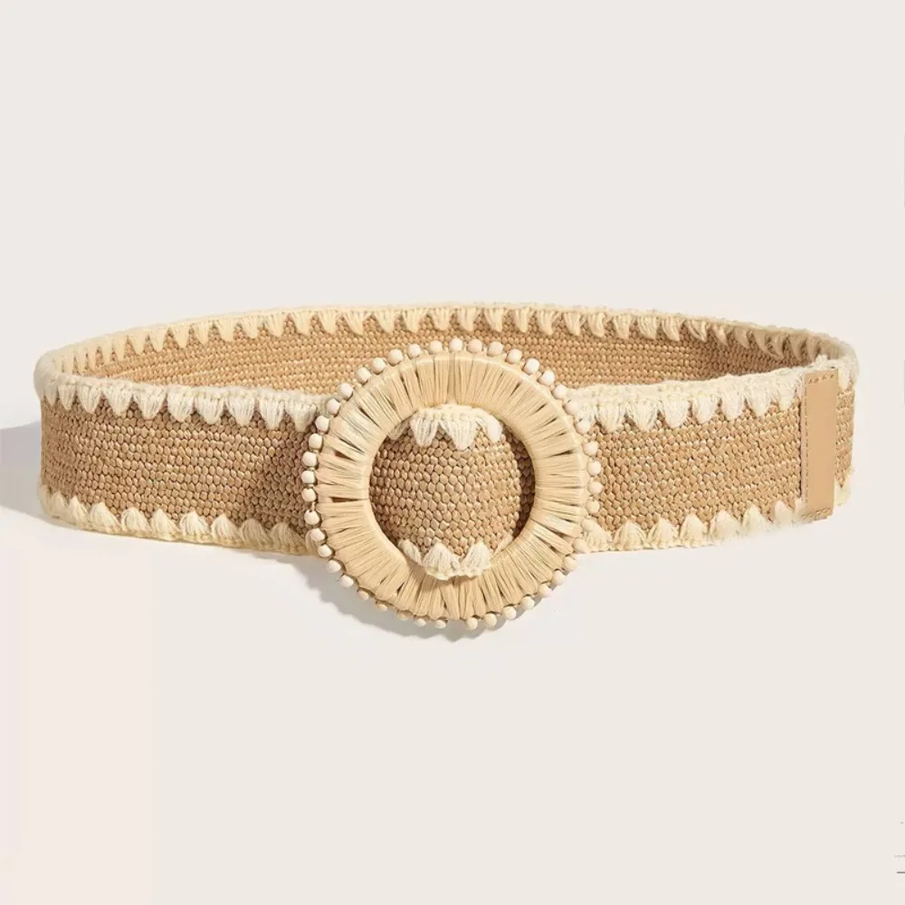 Woven Boho Straw Weave Belt Colorful Retro Bohemian Style Belt PU Leather Round Buckle Ethnic Style Waistband Dress Decoration