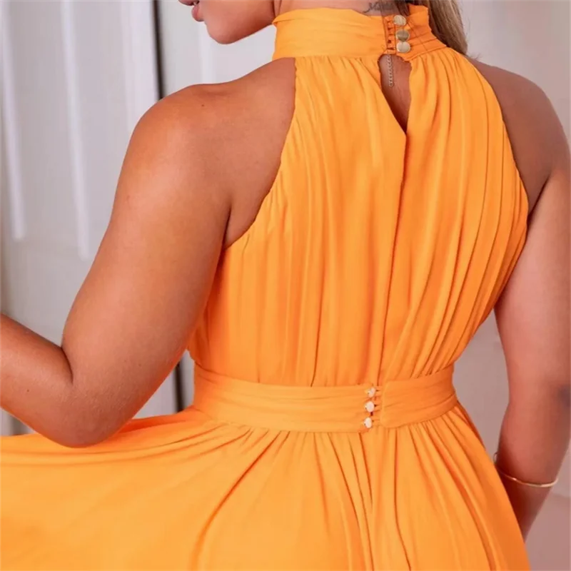 2025, maßgeschneiderte Orang-Chiffon-Abschlussballkleider, Stehkragen, ärmellos, elegante lange Abendparty-Kleider, geschlitztes Damen-Kleid in A-Linie