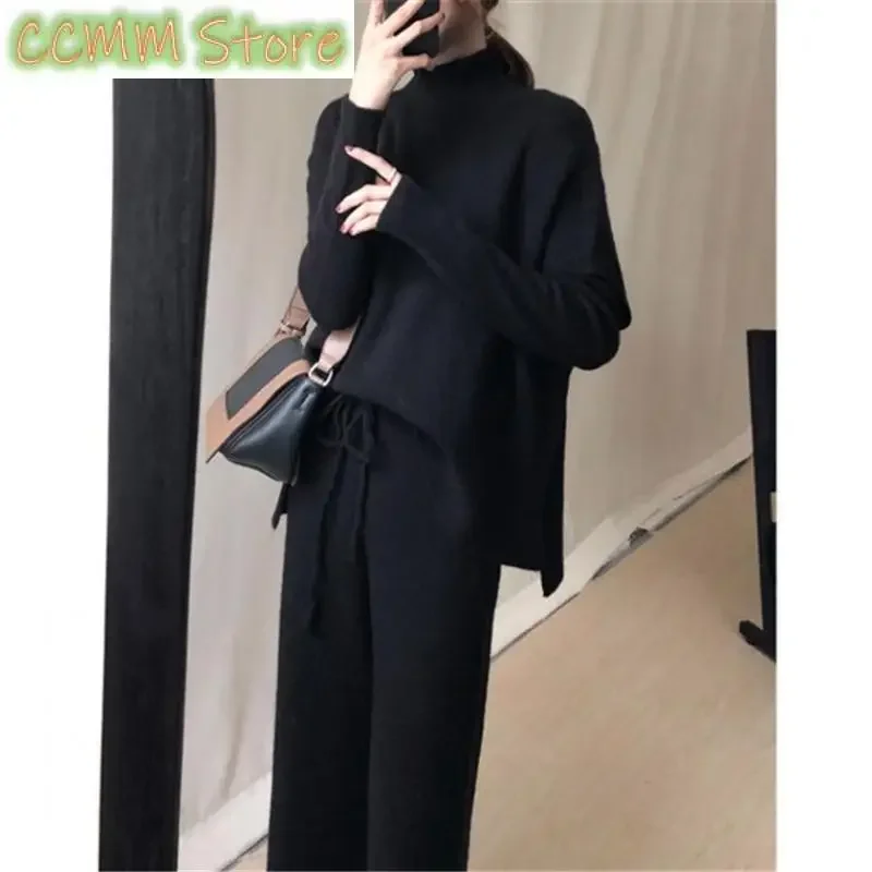 New Wool Blend Suit Women'sAutumn and Winter Two-Piece Suit Knitted Wide-LegPants Half CollarTop Vest Outer WearThree-Piece Suit