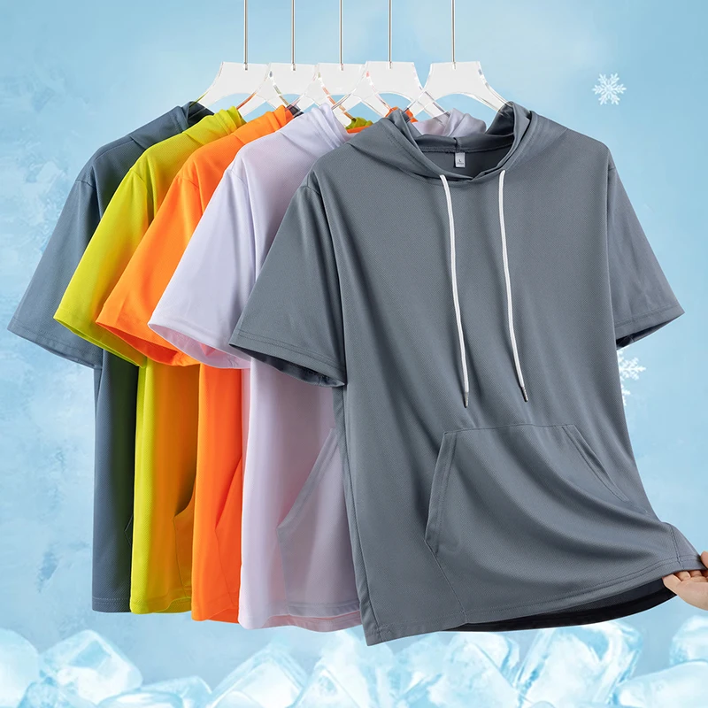 2026 New Men Breathable Mesh Quick Dry Hooded T‑Shirt Drawstring Kangaroo Pocket Short Sleeve Sports Running Fitness Hoodie Tee