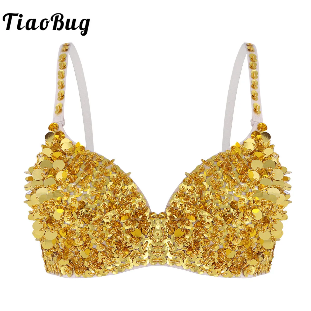 Womens Sparkle Sequins Beading Bustier Bra Top Padded Rave Party Belly Dance Costume Sling Top Vest Pole Dancing Clubwear