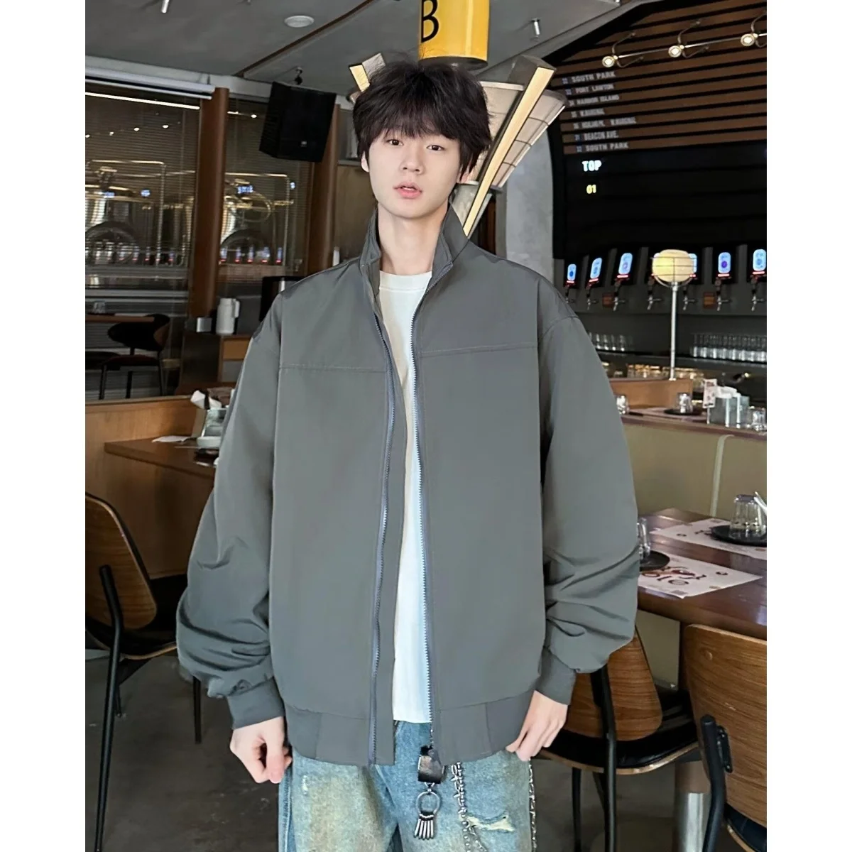 

Мужская куртка в американском ретро-стиле с воротником-стойкой, осенне-зимняя, свободного кроя, повседневная, на молнии, рабочая, в стиле «флайт», однотонная