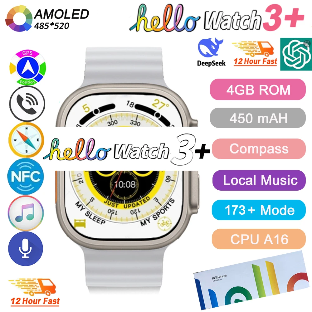 Hello Watch 3 Plus Gen 2 SmartWatch DeepSeek 2025 Оригинальные 49 мм AMOLED 4G ROM NFC GPT Компас Фотоальбом Местная Музыка Мужские Часы