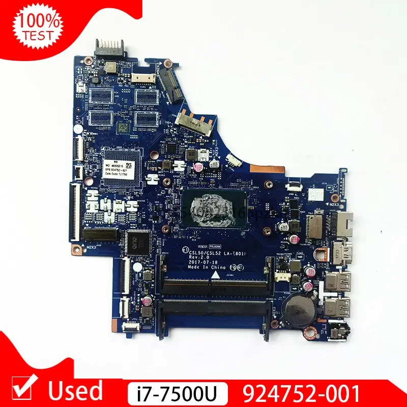 Used CKL50 LA-E801P For HP 15-BS Laptop Motherboard 924752-601 924752-001 SR341 I7-7500U CPU DDR4