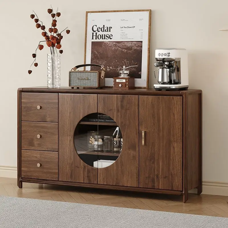 Factory Direct 2026 New Chinese style walnut color dining side cabinet wine cabinet large capacity locker tea cabinet