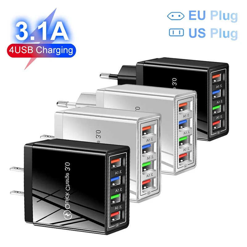 4 Ports USB Charger Quick Charge 3.0 For iPhone Samsung Xiaomi Tablet Wall Mobile Phone Charger Adapter EU US Plug Fast Charging