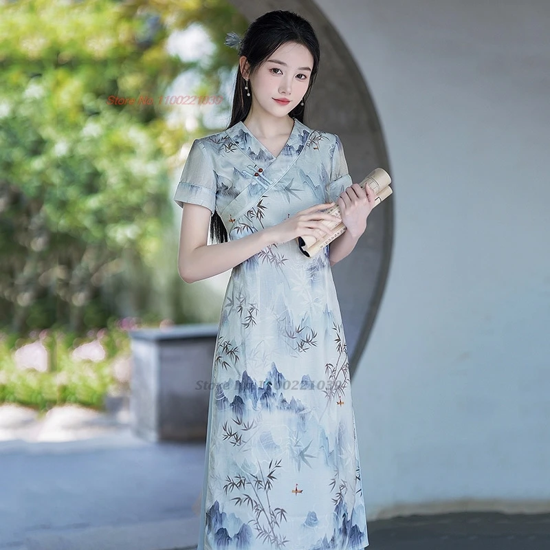 2024 ao dai vietnam traditional banquet dress improved cheongsam oriental flower print v-neck qipao party evening dress vestido