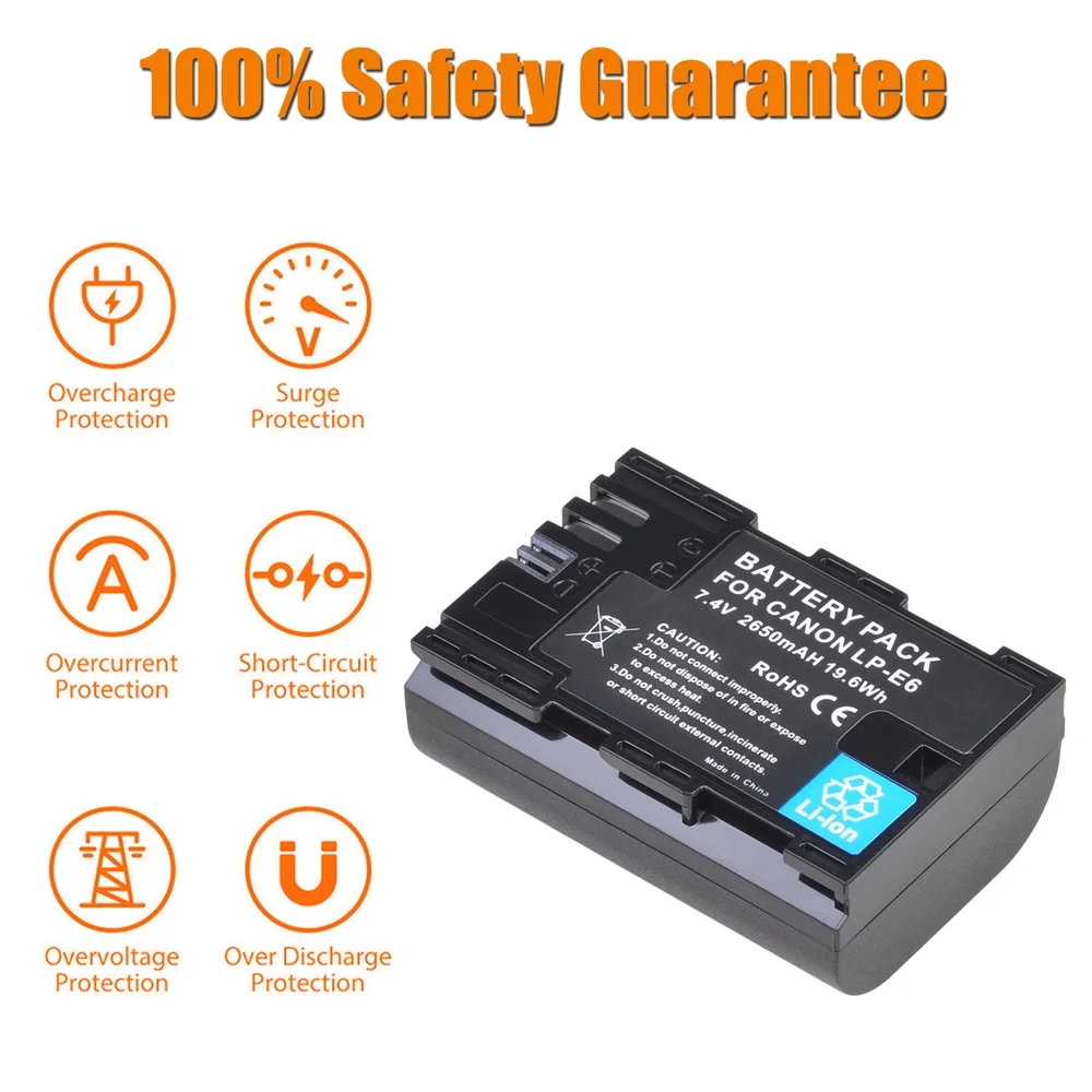 

Lithium 2650mAh LP-E6 Bateria LP E6 LPE6 Camera Battery for Canon EOS 5DS 5D Mark II Mark III 6D 7D 60D 60Da 80D R5 R6 R7 RP