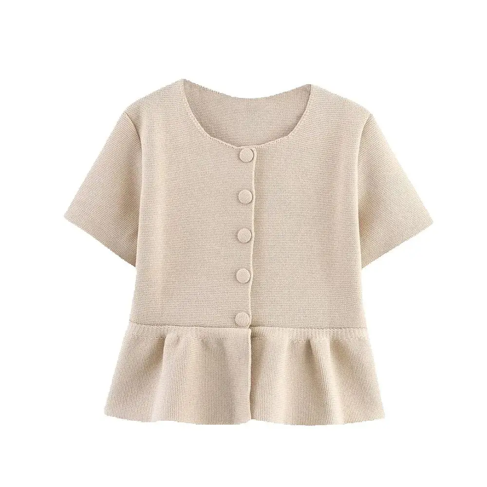 

New European and American style fashionable women's A-line hem round neck button short sleeved short skirt knitted jacket