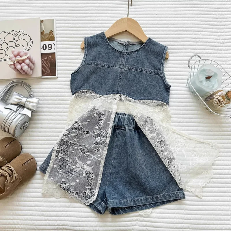 

2026Summer new Korean-style design soft denim set with stylish lace splicing top and shorts two-piece set