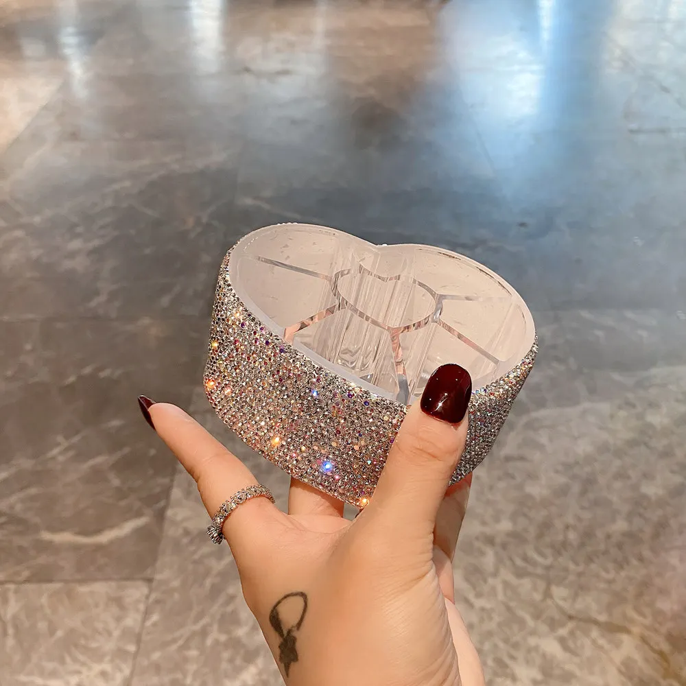 الحب القلب صندوق لطلاء الشفاة 7 شبكة الماس الاكريليك مخزن للمكياج مسمار البولندية الشفاه الصقيل عرض موقف منظم أدوات التجميل حامل