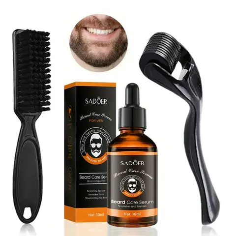 3pcs Men's Beard Care Set, Beard Oil, Moisturizing and Gentle, Beard Brush, Beard Roller, Suitable for Beard Care