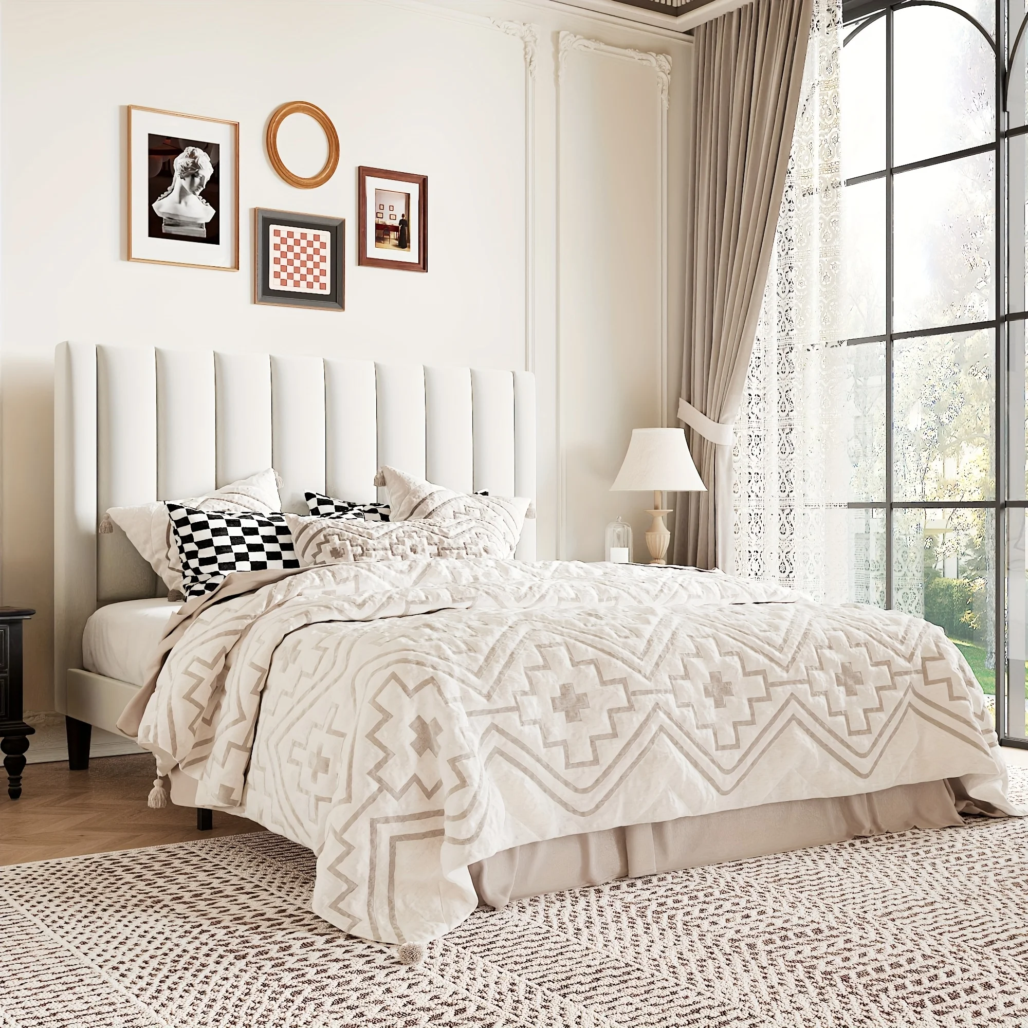 [ ] WEEWAY Velvet Upholstered Platform Bed Frame, Vertical Channel Headboard, Wooden Slats Support, Heavy Duty Mattress Foundati