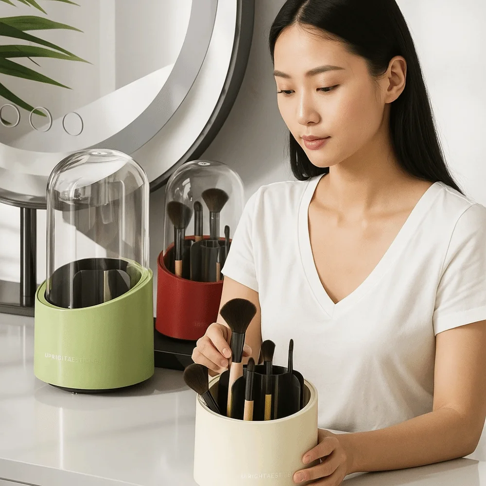 Large Capacity 360° Rotating Makeup Brushes Holder Waterproof Space Saving Cosmetic Storage Box Dustproof Transparent Cover