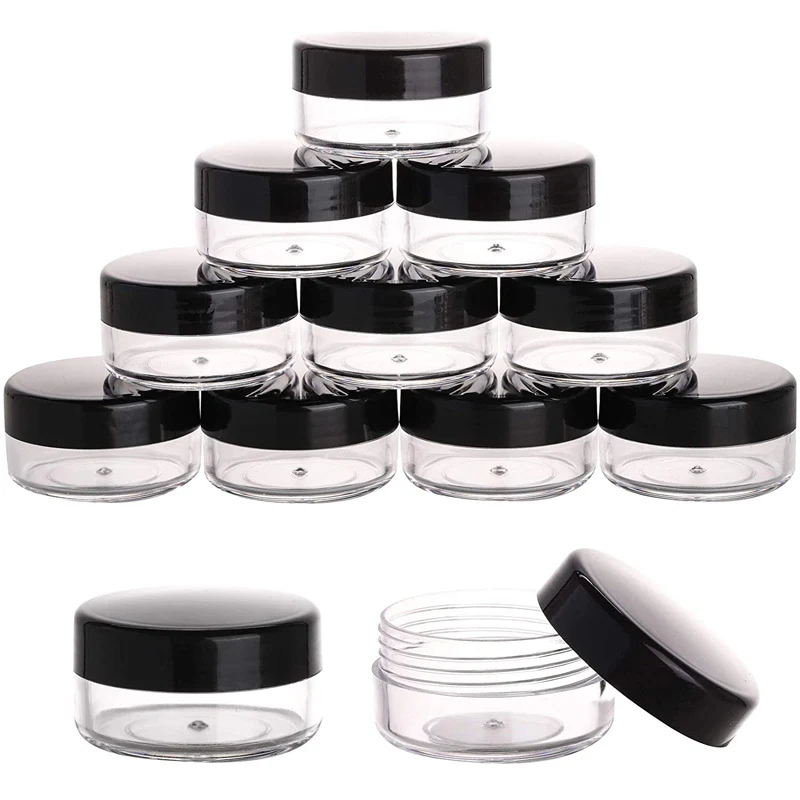 

50Pcs 2g 3g 5g 10g 15g 20g Portable Plastic Cosmetic Jars Clear Bottles Eyeshadow Makeup Cream Lip Balm Container Pots Black Lid