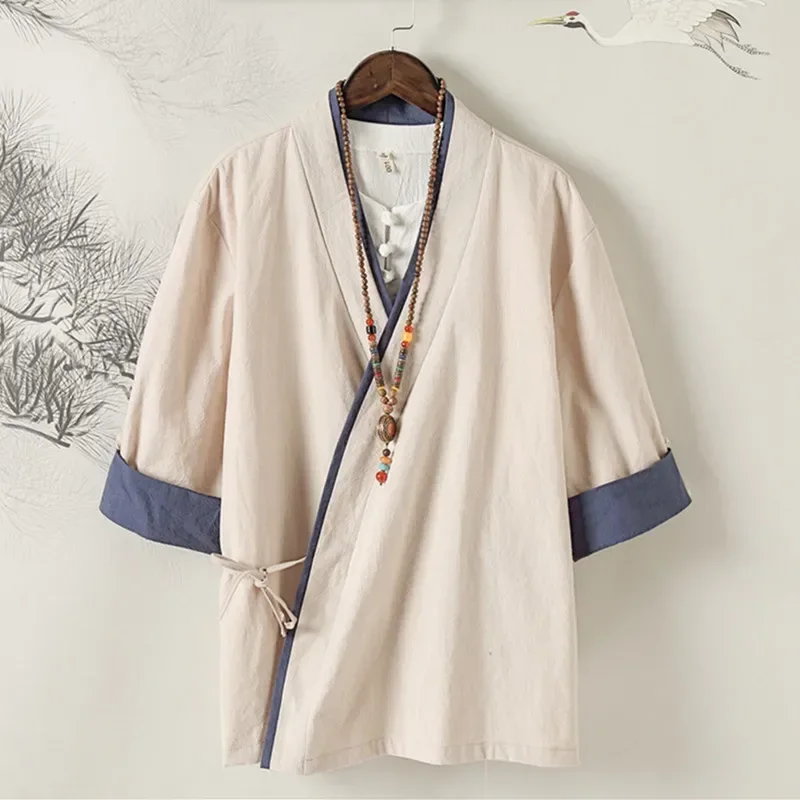 Koszulka w stylu chińskim Zen herbata płaszcz na co dzień japoński samuraj Kimono Haori sweter bawełna Retro lniany Top Kung Fu bluzka T-shirt