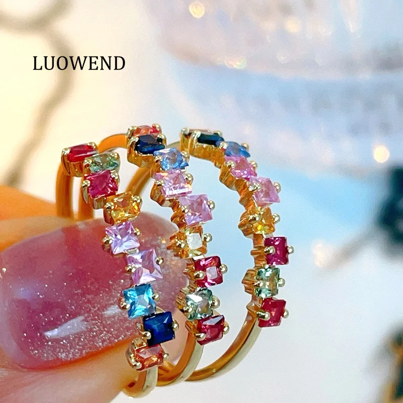 

LUOWEND 100% 18K Yellow Gold Rings Romantic Rainbow Design Gentle Style Natural Color Sapphire Ring for Women Anniversary Gift