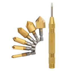 Broca escareador com o Center Punch Set, 1/4 Hex HSS, 5 Flauta, Cortador Sink Mill para Madeira, Metal, Plástico, Carpintaria, 6Pcs