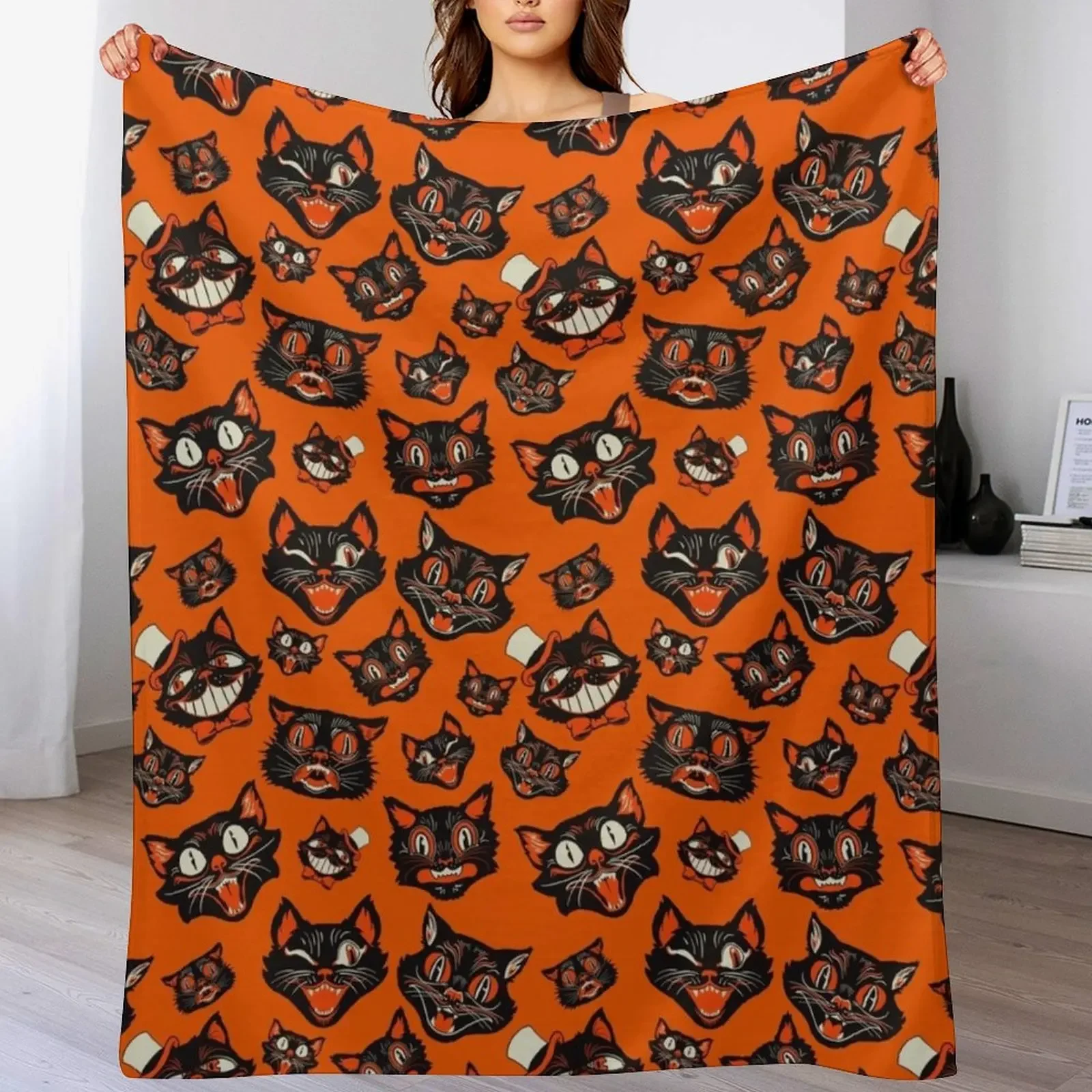 

Retro Vintage Halloween Black Cat Faces Pattern - Orange Background Throw Blanket Luxurious Soft Fuzzy Blanket for Sofa Bed