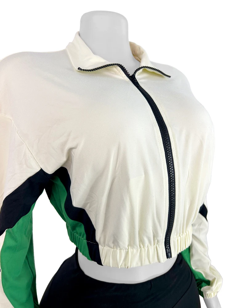 Herbst Damen Zweiteiler Set: Farbblock Crop-Zip-Jacke und Biker-Shorts mit Stehkragen und elastischem Saum, Streetwear Sportlich Lässiger Trainingsanzug – Detail 8