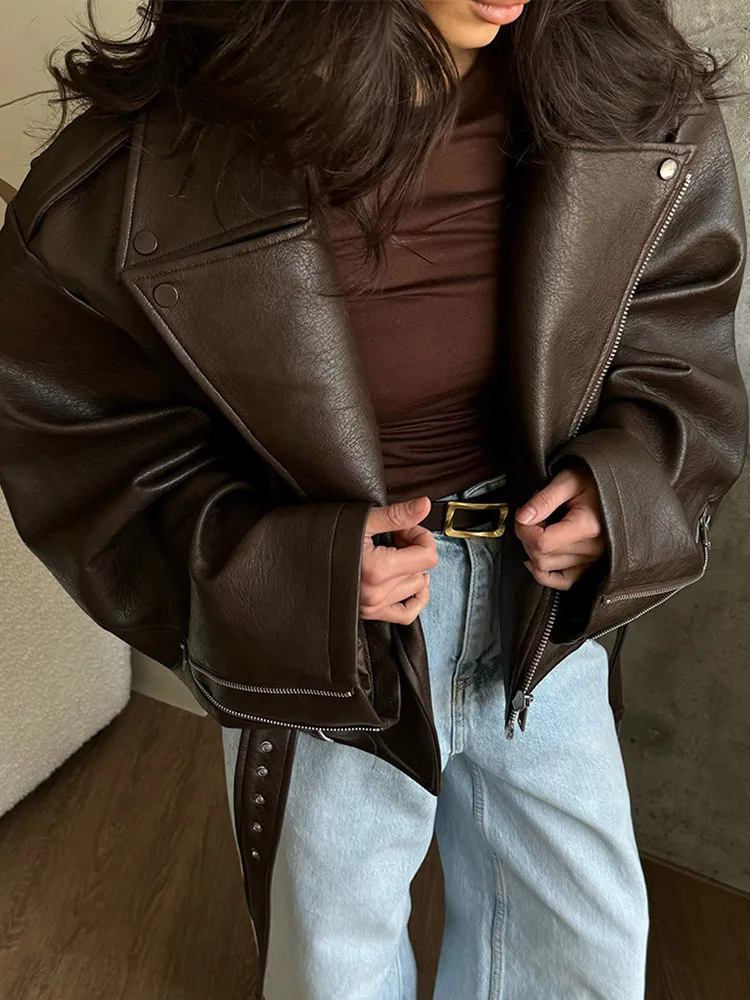 With Belt Leather Jacket Coat Lace Up Waist Cinched Suit Collar Slimming Zipper Biker Jackets Outwear Women Overcoat Streetwear