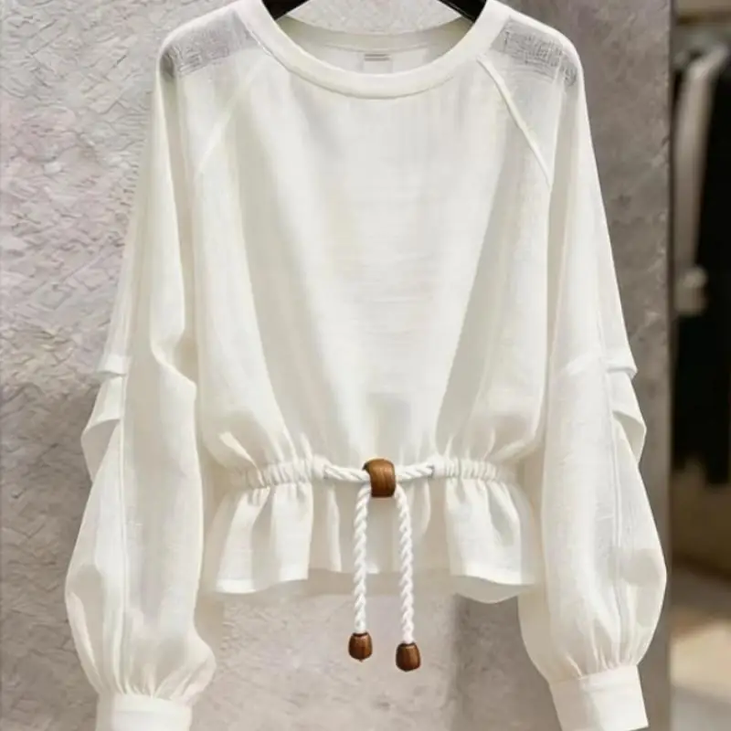 2026Spring Summer Newgentle Style Niche Pullover Round Neck Small Shirt with Waist Cinching Tie Up Stylish Versatile Tshirt Tops
