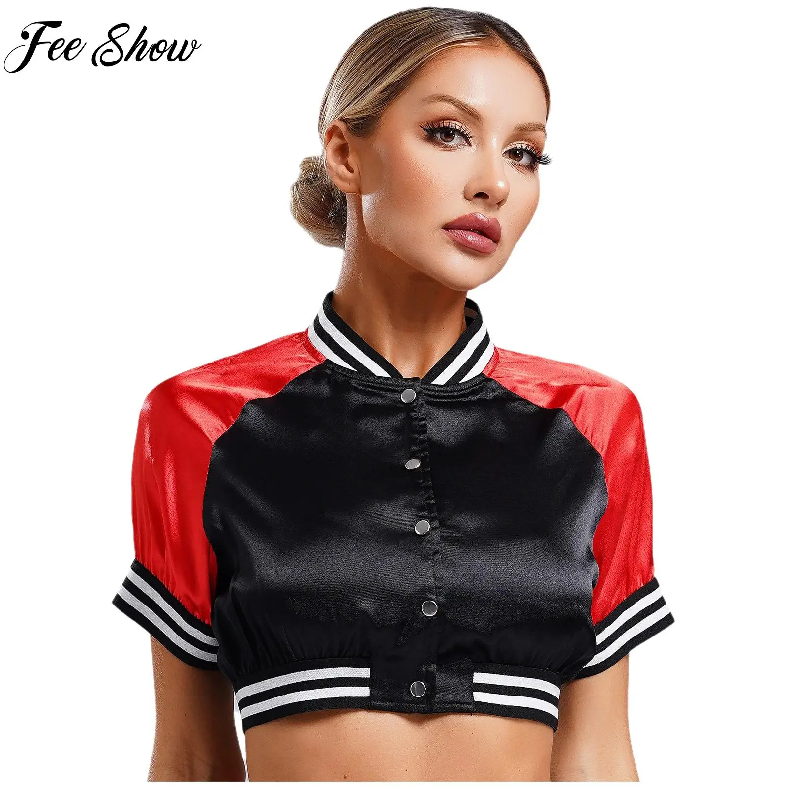 

Women Jazz Dance Hip Hop Stylish Crop Satin Bomber Jacket Short Sleeve Button-up Striped Edge Contrast Varsity Jacket Outerwear