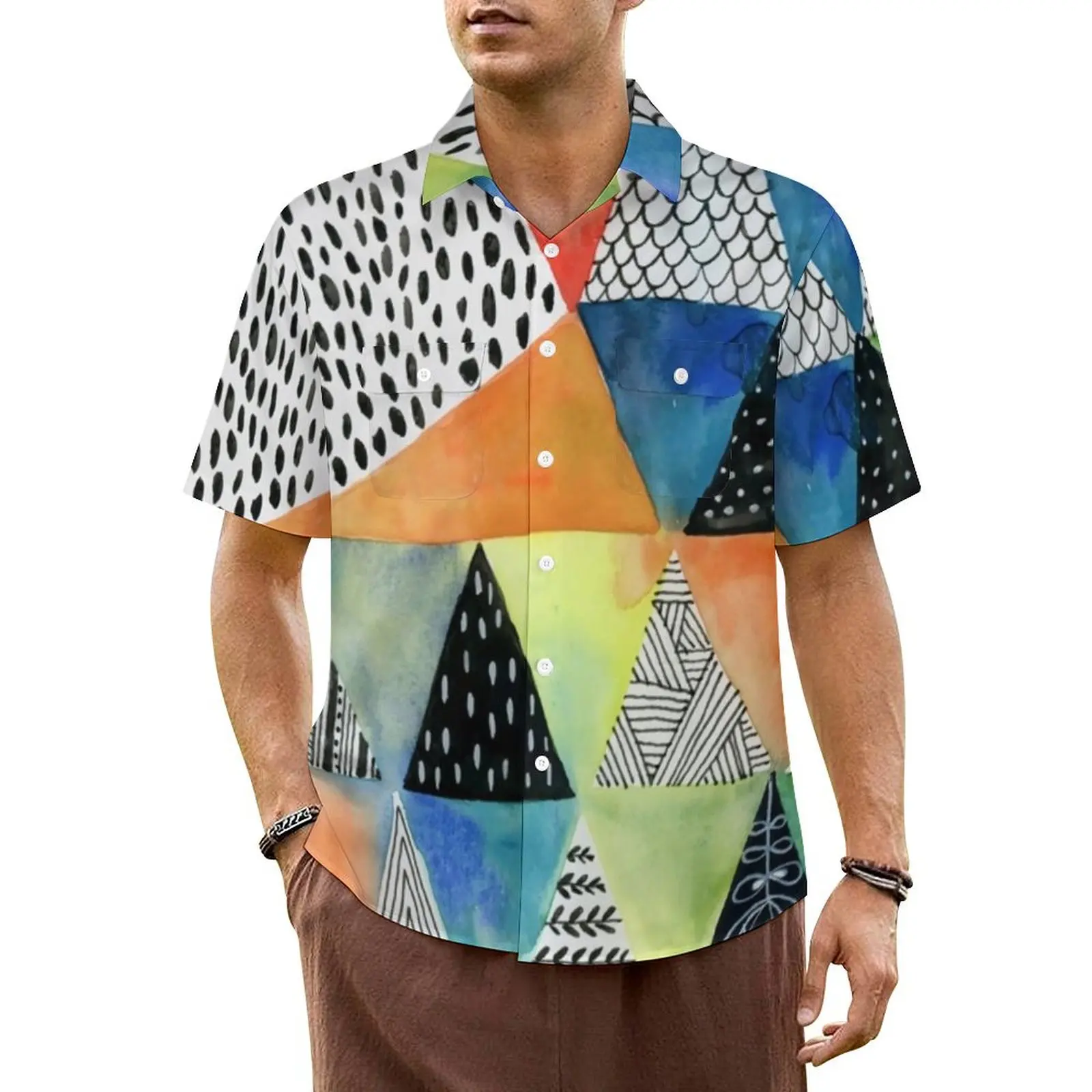 

Doodled Geometry Casual Shirt Colorful Print Elegant Hawaiian Shirts Male Short Sleeve Beach Harajuku Graphic Oversized Blouses