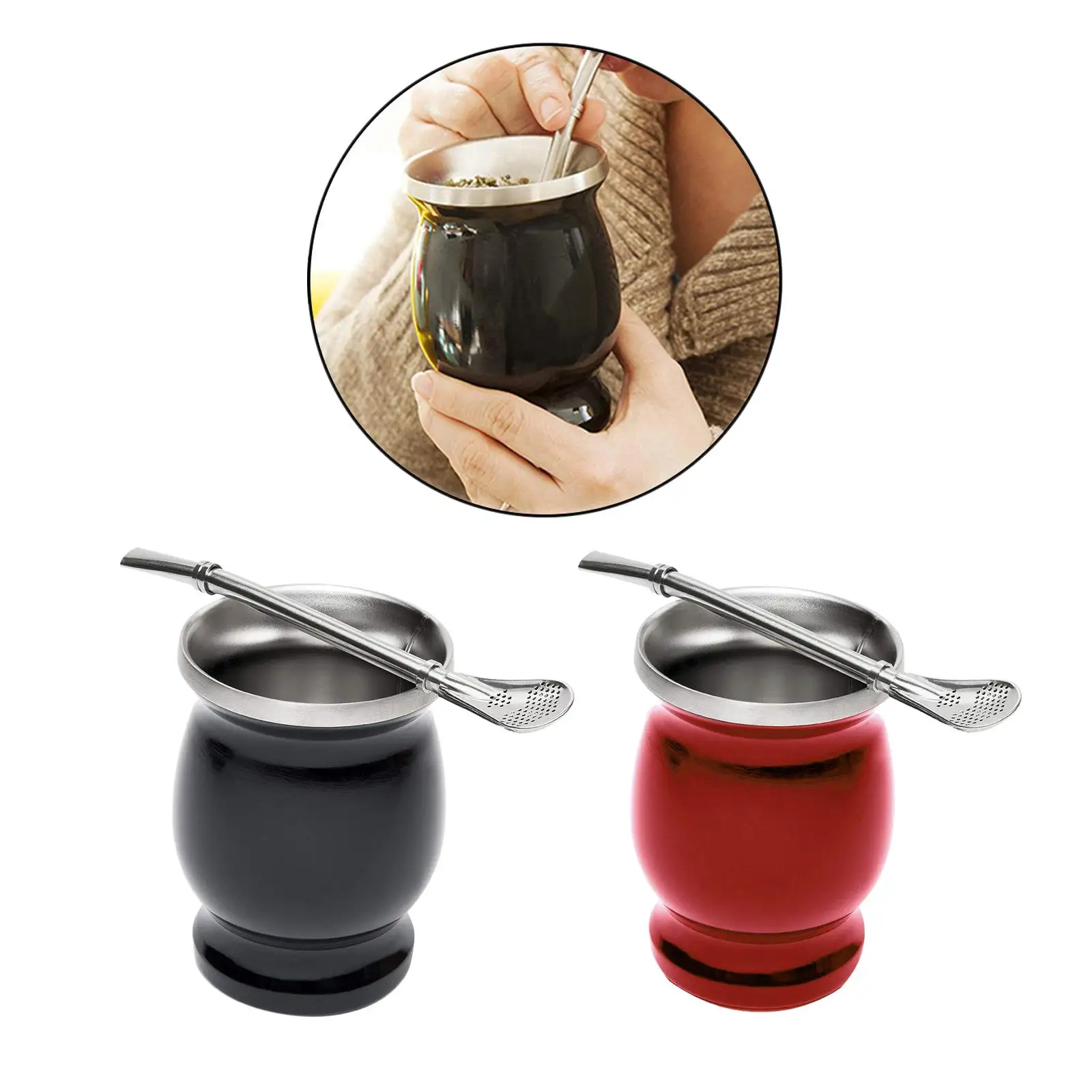 Traditional Modern Mate Cup Double-layer with Straw Spoon Gift for Friends