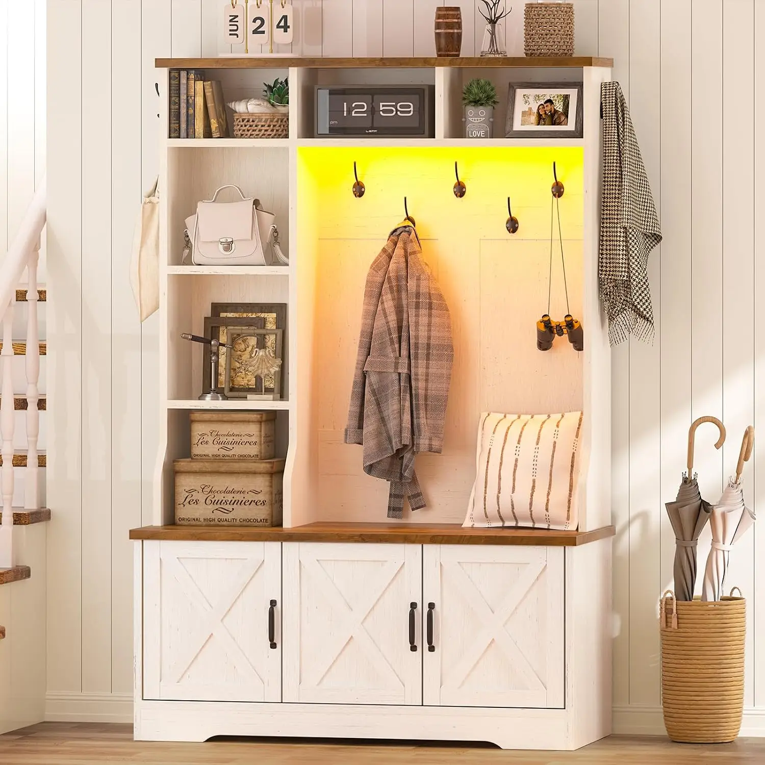 Hall Tree with Bench & Coat Rack Shoe Storage Entryway Farmhouse LED Lights 7 Hooks 6 Cubbies Adjustable Shelf, Customized