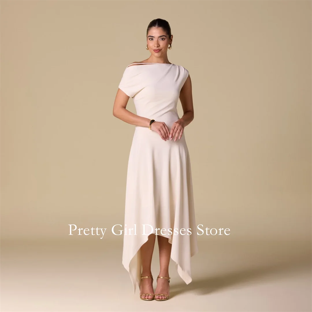 

Crepe Off Shoulder Asymmetric Midi Dress Ivory Evening Dresses Customized Ruched Party Prom Gowns Formal vestidos de fiesta