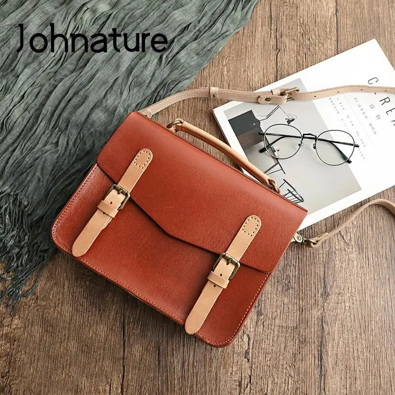 

Johnature Genuine Leather Retro Women Bag Versatile Messenger Bags Natural Cowhide Solid Color Casual Shoulder & Crossbody Bags