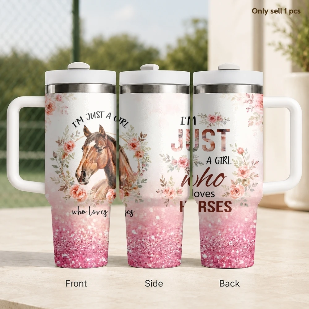 

Pink Horse Lover Quote Vacuum Flasks 40oz Stainless Steel Insulated Tumbler with Handle & Straw Leakproof Travel Mug