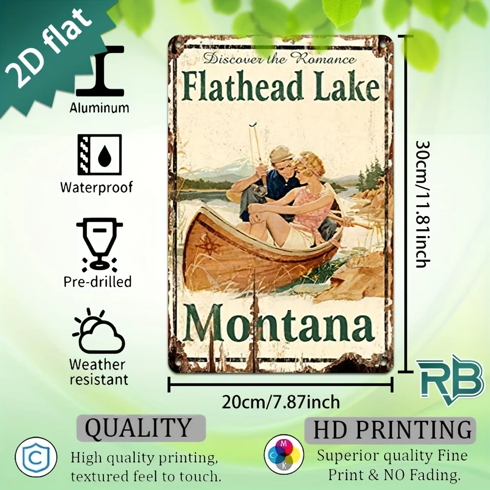 New Trendy HD Metal Wall Art - Vintage Rustic 2D Flat Design Featuring a Romantic Travel Poster Scene with a Couple Paddling a W