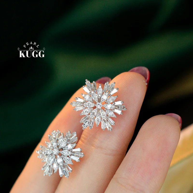 

KUGG 100% 18K White Gold Earrings Luxury Romantic Style 1.30carat Real Natural Diamond Stud Earrings for Women Fine Jewelry