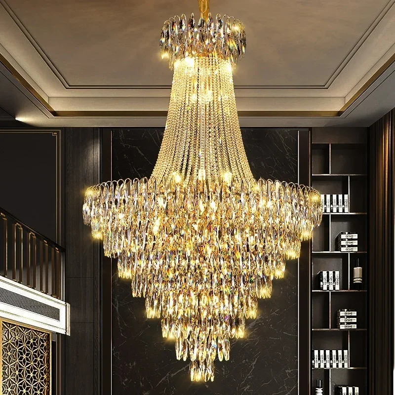 

Gold Crystal Chandelier Hall Villa Hotel Lighting Hall Living Room Home Decoration Ceiling Light Luxury Pendent Lamps