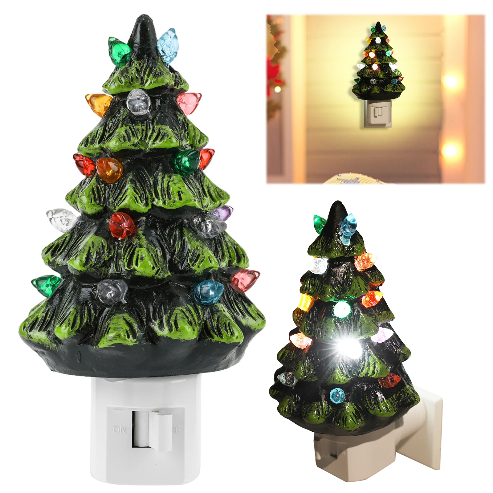 Luce notturna per albero di Natale in ceramica, luce notturna da parete per albero di Natale verde vintage, luce notturna ergonomica dipinta a mano