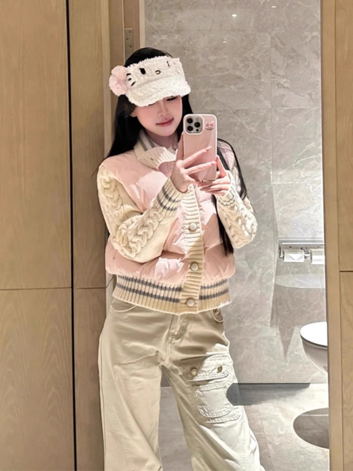 

Корейская вязаная хлопковая куртка Sweet Pink для женщин, весенняя теплая короткая куртка с воротником-стойкой, приталенная, для повседневной носки