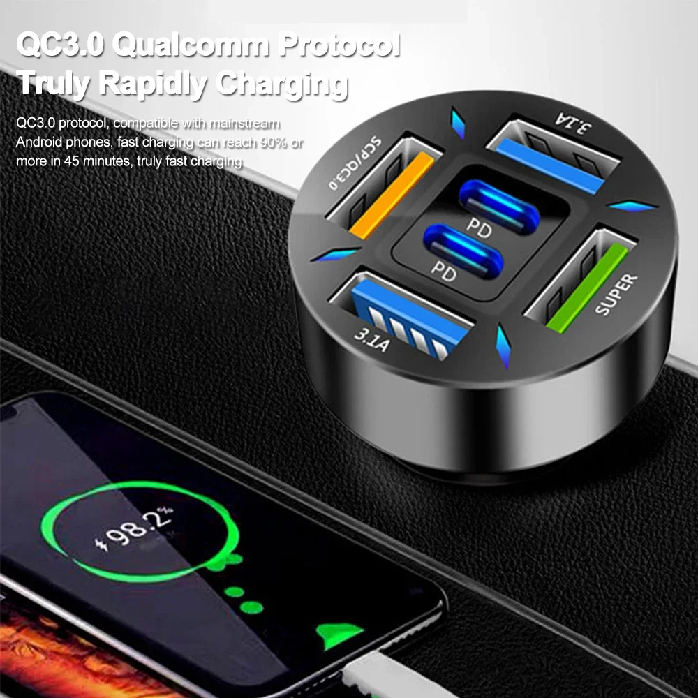 250W 6 Ports Car Charger Fast Charging PD QC3.0 USB C Car Phone Charger Type C Adapter In Car For IPhone11 12 Samsung Xiaomi