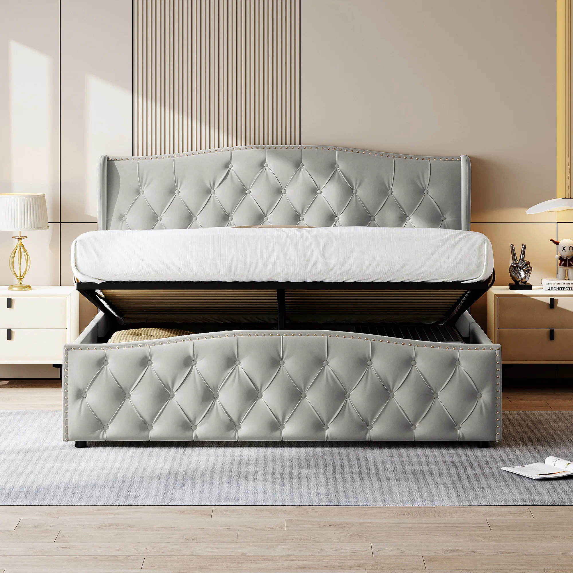 Szare lniane łóżko pojedyncze i podwójne, łóżko tapicerowane, łóżka do przechowywania z ramą z listew, rama łóżka z hydraulicznym oparciem dla