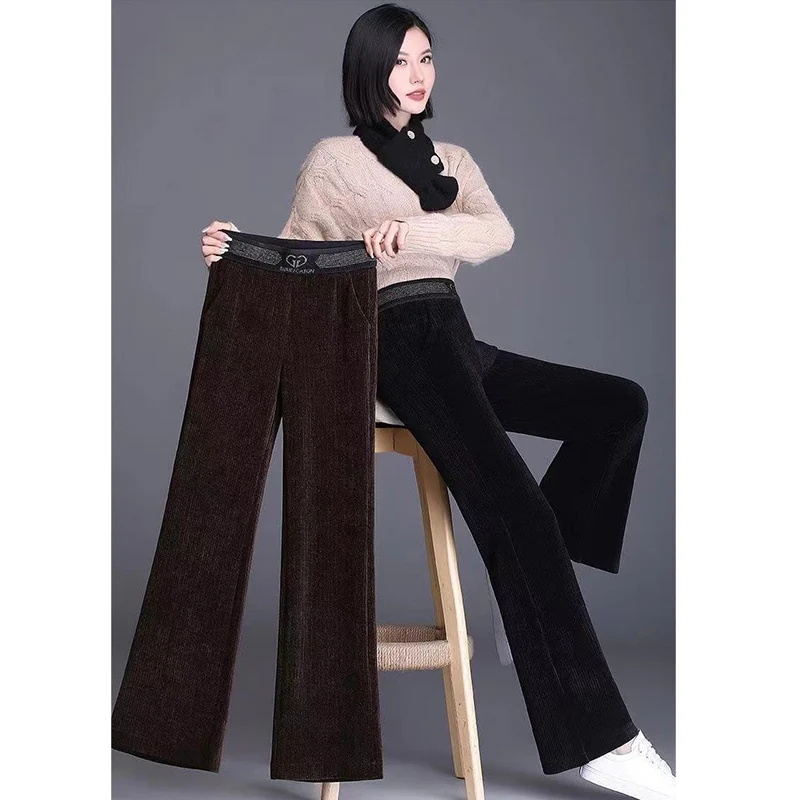 Plus Velvet Wide Leg Warm High Waist Women\'s Pants Vintage Loose Korean Fashion Solid Trousers Pocket Thicken 2023 Winter Pants