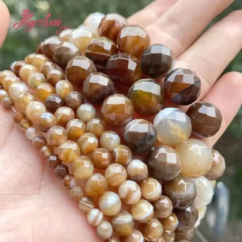 6mm/8mm/10mm Round Faceted Stripe Brazil Agate Natural Stone Beads For Jewelry Making DIY Necklace Bracelet 7 Inches/15Inches
