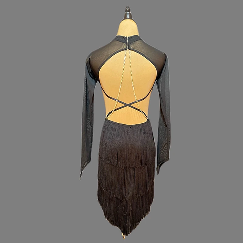 セクシーなラテンダンスの服の女性長袖パフォーマンス衣装ヒョウ柄フリンジドレスチャチャルンバサンバダンスウェア VBH855