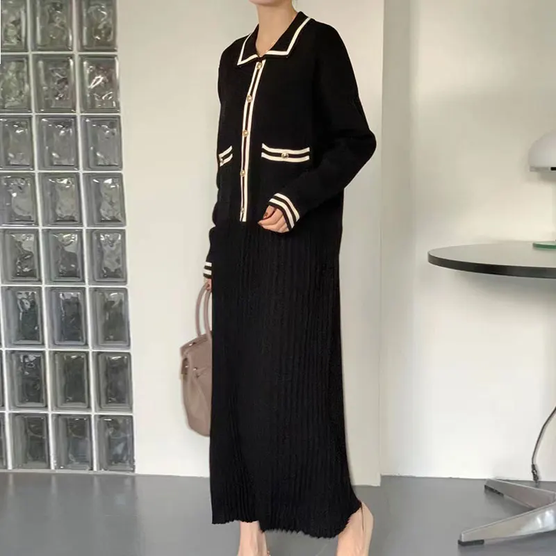 Korean Fashion Lapel Knitted Dress Women Autumn Winter Lapel Long Sleeve Casual Straight Pleated Sweater Long Dresses Vestidos